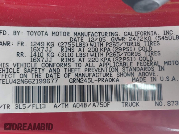 2006 Toyota Tacoma с VIN 5TELU42N66Z199677, выставлен на аукционе IAAI как лот 42668749 с пробегом 166 970 миль миль и . История ставок и продаж доступна на DreamBid. Изображение 9.