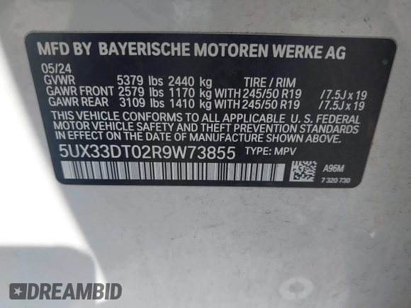 2024 BMW X4 xDrive30i with VIN 5UX33DT02R9W73855, listed as a IAAI auction lot 42712082 with 30,654 mi miles and . Bid and sale history available at DreamBid. Image 9.