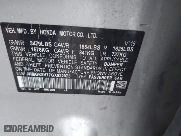 2016 Honda Fit EX with VIN JHMGK5H77GX022973, listed as a IAAI auction lot 42087380 with 96,439 mi miles and . Bid and sale history available at DreamBid. Image 9.