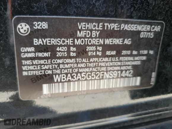 2015 BMW 3 Series 328i с VIN WBA3A5G52FNS91442, выставлен на аукционе Copart как лот 67319644 с пробегом 94 450 миль миль и Списание • Salvage title. История ставок и продаж доступна на DreamBid. Изображение 15.