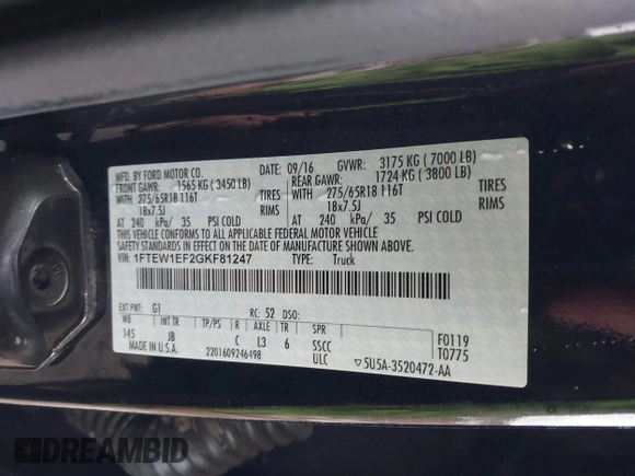 2016 Ford F-150 XLT with VIN 1FTEW1EF2GKF81247, listed as a IAAI auction lot 42146880 with 137,566 mi miles and . Bid and sale history available at DreamBid. Image 9.