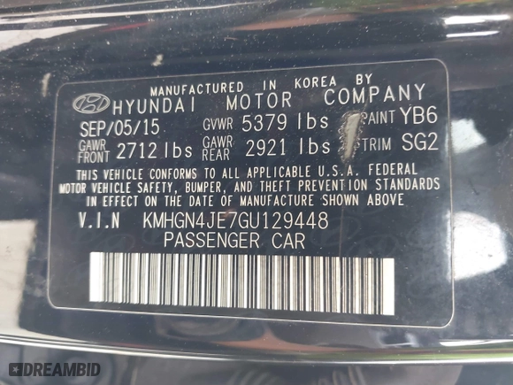 2016 Hyundai Genesis 3.8L with VIN KMHGN4JE7GU129448, listed as a IAAI auction lot 41456030 with 213,893 mi miles. Bid and sale history available at carsss.com. Image 9.