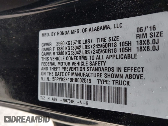 2017 Honda Ridgeline Sport с VIN 5FPYK2F19HB002519, выставлен на аукционе IAAI как лот 41082600 с пробегом 112 909 миль миль и . История ставок и продаж доступна на DreamBid. Изображение 9.