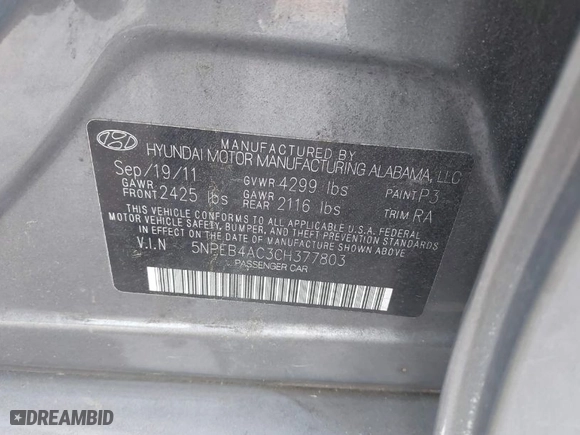 2012 Hyundai Sonata GLS with VIN 5NPEB4AC3CH377803, listed as a IAAI auction lot 42087284 with 170,992 mi miles. Bid and sale history available at carsss.com. Image 9.