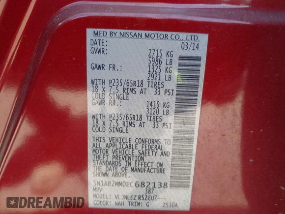 2014 Nissan Pathfinder SL z VIN 5N1AR2MM0EC682138, wystawiony jako IAAI lot #42196525 z przebiegiem 89 948 mil mil oraz . Historia ofert i sprzedaży dostępna na DreamBid. Obrazek 9.
