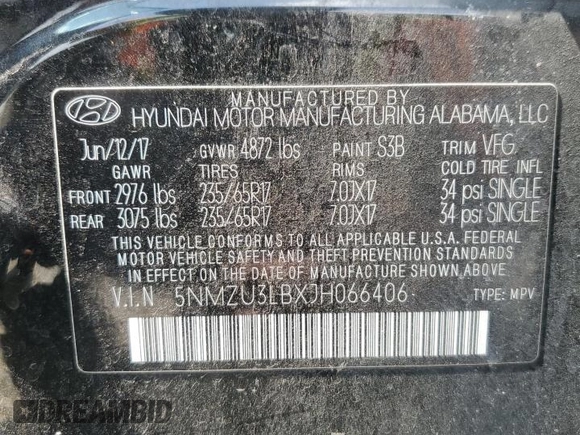 2018 Hyundai Santa Fe 2.4L with VIN 5NMZU3LBXJH066406, listed as a Copart auction lot 61388005 with 65,650 mi miles and Salvage title. Bid and sale history available at DreamBid. Image 12.