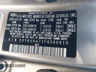 2015 Kia Sorento EX with VIN 5XYKU4A71FG590910, listed as a IAAI auction lot 41378588 with 165,090 mi miles. Bid and sale history available at carsss.com. Image 9.