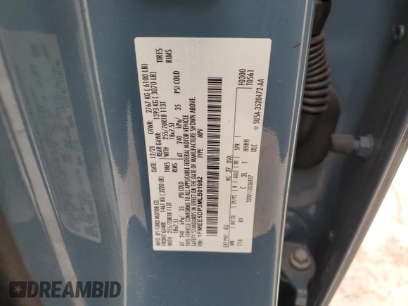 2021 Ford Bronco with VIN 1FMEE5DP3MLB01982, listed as a Copart auction lot 48349085 with 91,060 mi miles and Salvage Title. Bid and sale history available at DreamBid. Image 12.