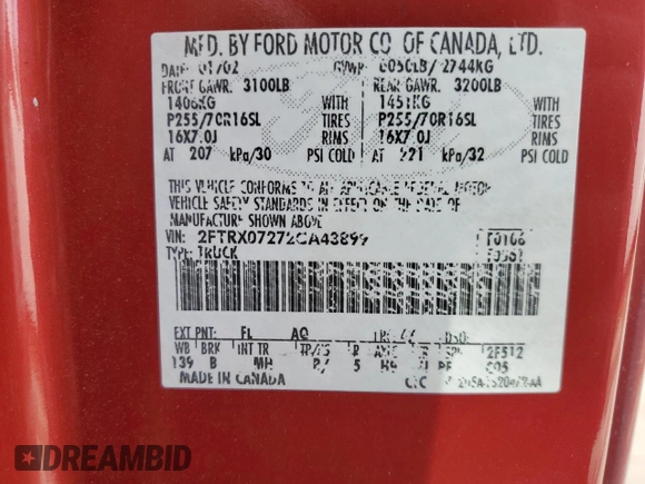 2002 Ford F-150 XL with VIN 2FTRX07272CA43899, listed as a Copart auction lot 46228525 with 238,077 mi miles and Non repairable. Bid and sale history available at DreamBid. Image 13.