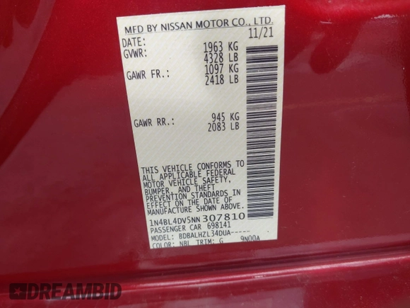 2022 Nissan Altima SV z VIN 1N4BL4DV5NN307810, wystawiony jako IAAI lot #42210773 z przebiegiem 135 459 mil mil oraz . Historia ofert i sprzedaży dostępna na DreamBid. Obrazek 9.