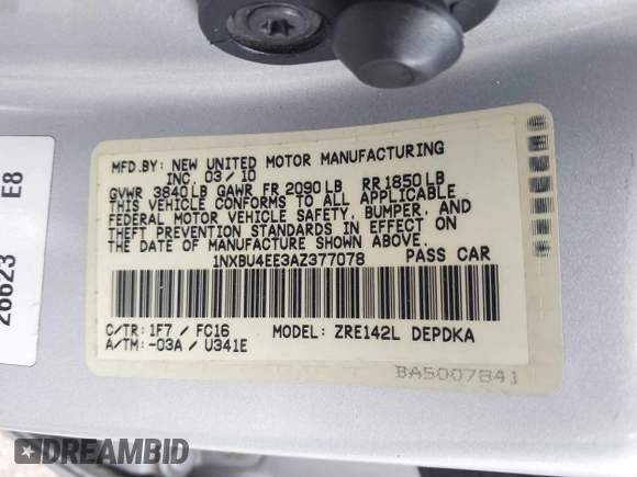 2010 Toyota Corolla z VIN 1NXBU4EE3AZ377078, wystawiony jako IAAI lot #42355051 z przebiegiem 202 547 mil mil oraz . Historia ofert i sprzedaży dostępna na DreamBid. Obrazek 9.