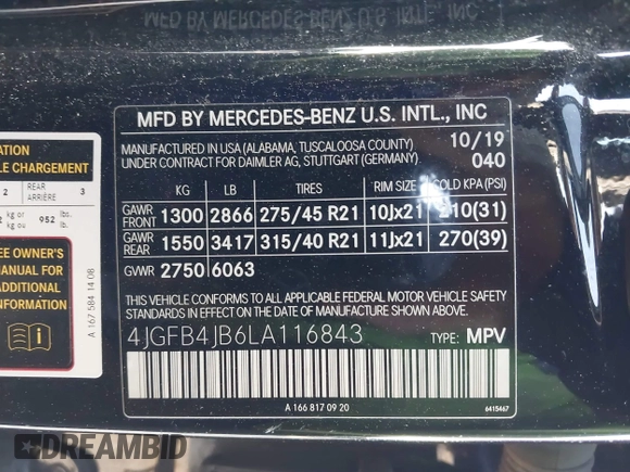 2020 Mercedes-Benz GLE 350 z VIN 4JGFB4JB6LA116843, wystawiony jako IAAI lot #41750691 z przebiegiem 93 352 mil mil oraz . Historia ofert i sprzedaży dostępna na DreamBid. Obrazek 9.
