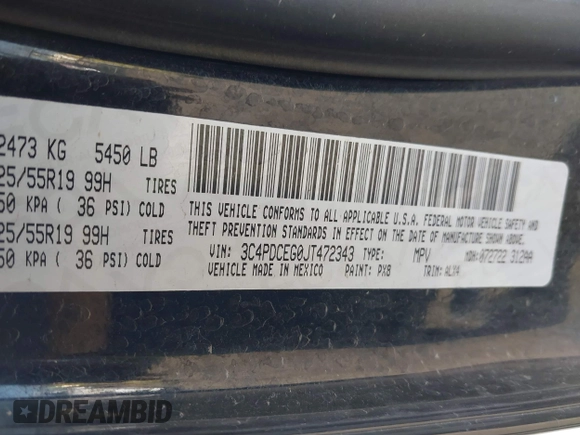 2018 Dodge Journey GT with VIN 3C4PDCEG0JT472343, listed as a IAAI auction lot 42273102 with 107,687 mi miles and . Bid and sale history available at DreamBid. Image 9.