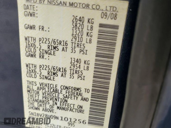 2009 Nissan Quest S with VIN 5N1BV28U09N101256, listed as a Copart auction lot 81488944 with 72,969 mi miles and Clean Title. Bid and sale history available at carsss.com. Image 13.