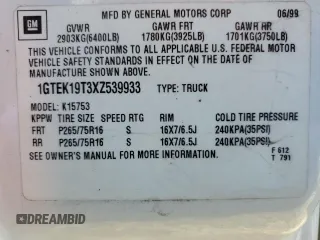 1999 GMC New Sierra 1500 SLE with VIN 1GTEK19T3XZ539933, listed as a Copart auction lot 74298554 with 323,985 mi miles and Salvage Title. Bid and sale history available at carsss.com. Image 12.