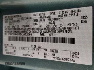 2013 Ford Escape SEL with VIN 1FMCU9H93DUA72099, listed as a Copart auction lot 58691955 with 30,449 mi miles and Salvage title. Bid and sale history available at DreamBid. Image 13.