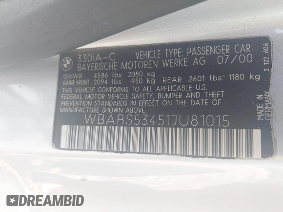 2001 BMW 3 Series 330Ci with VIN WBABS53451JU81015, listed as a IAAI auction lot 42648232 with 126,529 mi miles and . Bid and sale history available at DreamBid. Image 9.