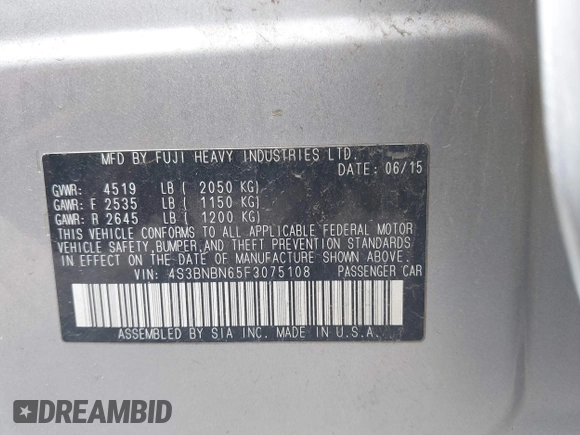 2015 Subaru Legacy Limited with VIN 4S3BNBN65F3075108, listed as a IAAI auction lot 42802400 with 140,886 mi miles and . Bid and sale history available at DreamBid. Image 9.