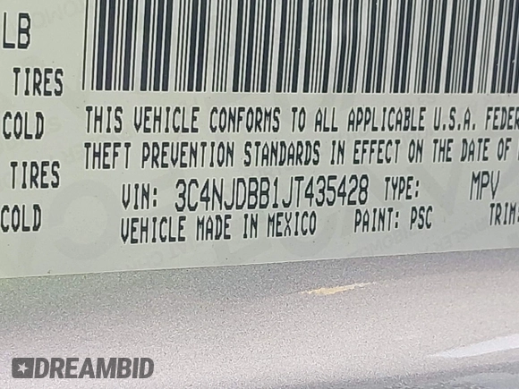 2018 Jeep Compass Altitude with VIN 3C4NJDBB1JT435428, listed as a IAAI auction lot 42050993 with 114,328 mi miles and . Bid and sale history available at DreamBid. Image 9.