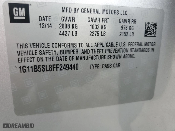 2015 Chevrolet Malibu LS with VIN 1G11B5SL8FF249440, listed as a Copart auction lot 78795914 with 183,991 mi miles and Salvage Title. Bid and sale history available at carsss.com. Image 12.