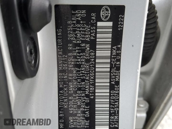 2012 Toyota Camry L with VIN 4T1BF1FK6CU134087, listed as a Copart auction lot 52306865 with 216,086 mi miles and Salvage Title. Bid and sale history available at carsss.com. Image 12.
