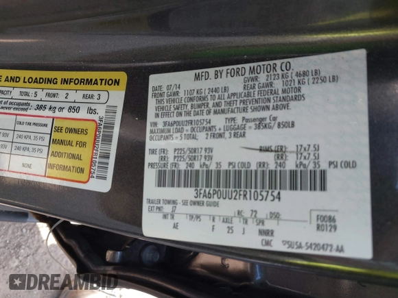 2015 Ford Fusion S Hybrid with VIN 3FA6P0UU2FR105754, listed as a IAAI auction lot 41631104 with 185,114 mi miles. Bid and sale history available at carsss.com. Image 9.