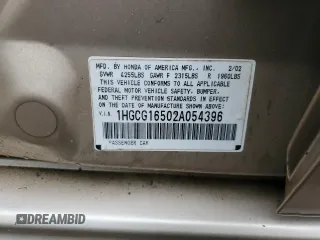 2002 Honda Accord EX z VIN 1HGCG16502A054396, wystawiony jako Copart lot #57170895 z przebiegiem 62 744 mil mil oraz Szkoda całkowita • Salvage title. Historia ofert i sprzedaży dostępna na DreamBid. Obrazek 12.
