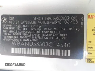 2008 BMW 5 Series 528i with VIN WBANU53508C114540, listed as a IAAI auction lot 41711424 with Not Provided miles and . Bid and sale history available at DreamBid. Image 9.