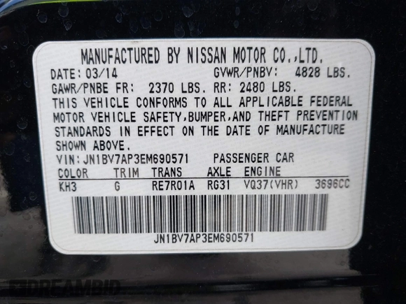 2014 Infiniti Q50 Premium z VIN JN1BV7AP3EM690571, wystawiony jako IAAI lot #42136354 z przebiegiem 191 969 mil mil oraz . Historia ofert i sprzedaży dostępna na DreamBid. Obrazek 9.