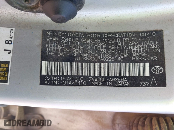 2010 Toyota Prius II with VIN JTDKN3DU7A0225140, listed as a IAAI auction lot 42174000 with Not Provided miles and . Bid and sale history available at DreamBid. Image 9.