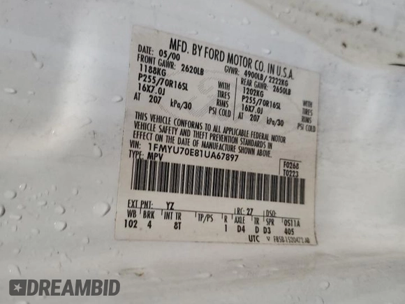 2001 Ford Explorer Sport with VIN 1FMYU70E81UA67897, listed as a Copart auction lot 57620075 with 225,597 mi miles and Salvage title. Bid and sale history available at DreamBid. Image 12.