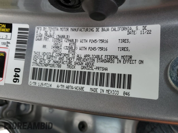 2023 Toyota Tacoma SR5 с VIN 3TMAZ5CN0PM201788, выставлен на аукционе Copart как лот 51878365 с пробегом 50 468 миль миль и На запчасти • Non repairable. История ставок и продаж доступна на DreamBid. Изображение 12.