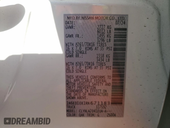 2024 Nissan Frontier SV with VIN 1N6ED1EK1RN671183, listed as a Copart auction lot 84103934 with 5,523 mi miles and Salvage title. Bid and sale history available at DreamBid. Image 12.