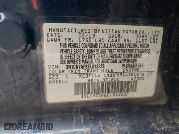 2014 Nissan Versa SV with VIN 3N1CN7AP8EL813232, listed as a Copart auction lot 50001655 with 111,305 mi miles and Clean Title. Bid and sale history available at DreamBid. Image 12.