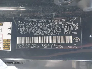 2008 Toyota Prius with VIN JTDKB20U783328348, listed as a IAAI auction lot 41949989 with 189,872 mi miles. Bid and sale history available at carsss.com. Image 9.