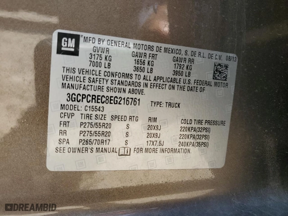 2014 Chevrolet Silverado 1500 LT with VIN 3GCPCREC8EG216761, listed as a Copart auction lot 52080365 with 80,879 mi miles and Salvage Title. Bid and sale history available at carsss.com. Image 12.