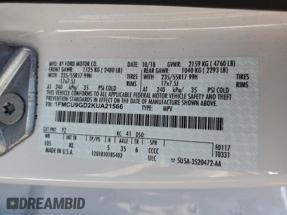 2019 Ford Escape SE with VIN 1FMCU9GD2KUA21566, listed as a Copart auction lot 53618215 with 51,186 mi miles and Salvage Title. Bid and sale history available at carsss.com. Image 12.