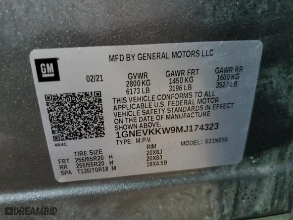 2021 Chevrolet Traverse Premier with VIN 1GNEVKKW9MJ174323, listed as a Copart auction lot 45936545 with 54,049 mi miles and Non Repairable. Bid and sale history available at carsss.com. Image 13.