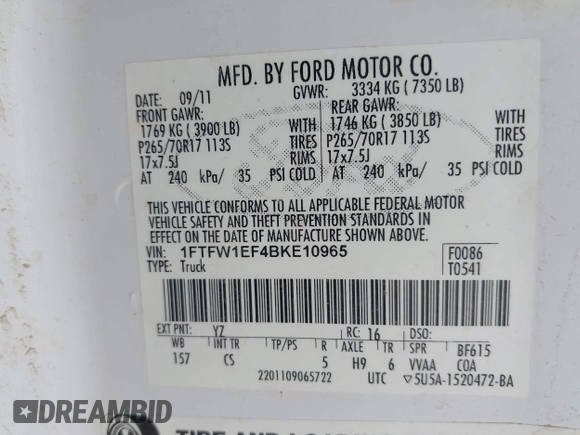 2011 Ford F-150 XL with VIN 1FTFW1EF4BKE10965, listed as a IAAI auction lot 42365687 with 191,586 mi miles and . Bid and sale history available at DreamBid. Image 9.