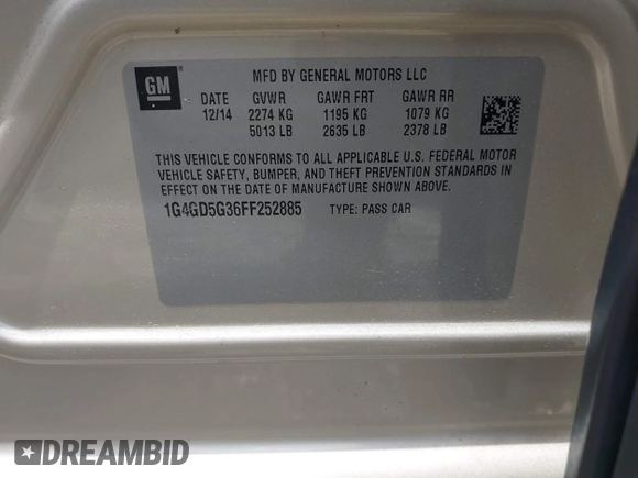 2015 Buick LaCrosse Premium I with VIN 1G4GD5G36FF252885, listed as a IAAI auction lot 42360626 with 102,736 mi miles and . Bid and sale history available at DreamBid. Image 9.