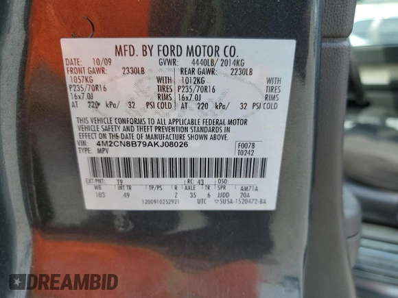 2010 Mercury Mariner с VIN 4M2CN8B79AKJ08026, выставлен на аукционе Copart как лот 53086515 с пробегом 224 250 миль миль и Чистый • Clean title. История ставок и продаж доступна на DreamBid. Изображение 13.