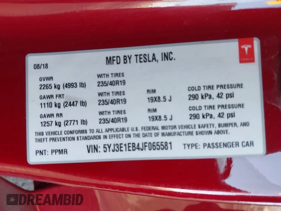 2018 Tesla Model 3 Long Range Battery with VIN 5YJ3E1EB4JF065581, listed as a IAAI auction lot 41542190 with 4,154 mi miles and . Bid and sale history available at DreamBid. Image 9.