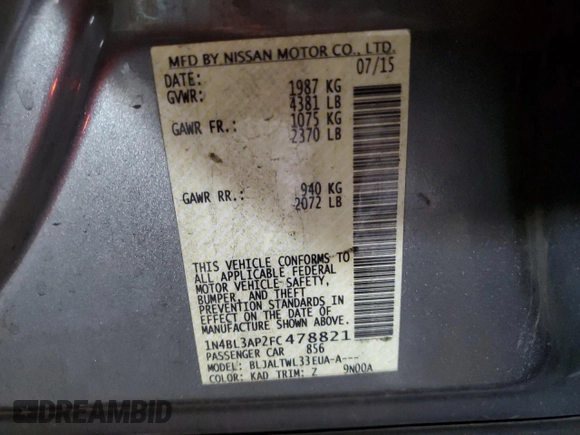 2015 Nissan Altima SL с VIN 1N4BL3AP2FC478821, выставлен на аукционе Copart как лот 53116755 с пробегом 108 544 миль миль и Списание • Salvage title. История ставок и продаж доступна на DreamBid. Изображение 12.