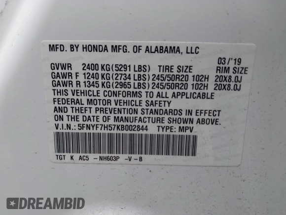 2019 Honda Passport EX-L with VIN 5FNYF7H57KB002844, listed as a IAAI auction lot 42195170 with 43,327 mi miles and . Bid and sale history available at DreamBid. Image 9.