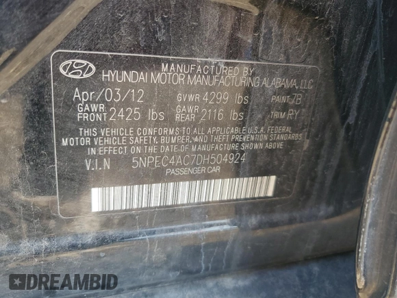 2013 Hyundai Sonata Limited z VIN 5NPEC4AC7DH504924, wystawiony jako Copart lot #54246895 z przebiegiem 168 569 mil mil oraz Szkoda całkowita • Salvage title. Historia ofert i sprzedaży dostępna na DreamBid. Obrazek 12.