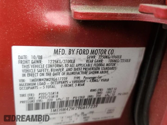 2009 Mercury Sable Premier with VIN 1MEHM42W29G617239, listed as a Copart auction lot 55176425 with 191,208 mi miles and Salvage title. Bid and sale history available at DreamBid. Image 12.