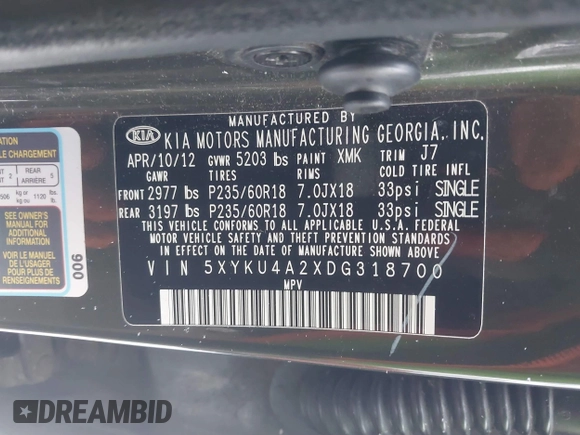 2013 Kia Sorento EX with VIN 5XYKU4A2XDG318700, listed as a IAAI auction lot 41258392 with 135,496 mi miles and . Bid and sale history available at carsss.com. Image 9.