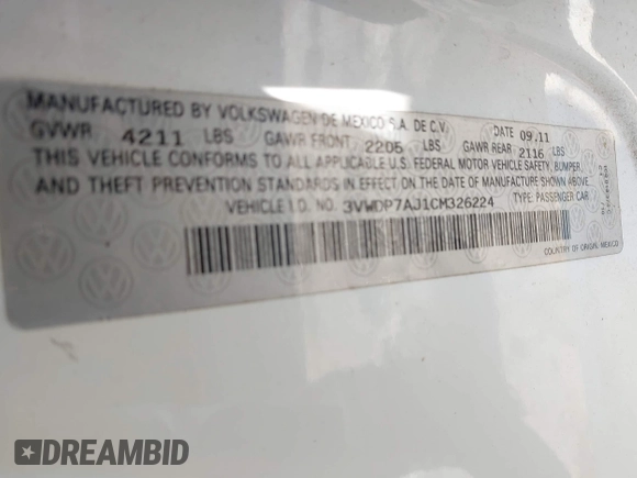 2012 Volkswagen Jetta SE with VIN 3VWDP7AJ1CM326224, listed as a IAAI auction lot 42461552 with 115,096 mi miles and . Bid and sale history available at DreamBid. Image 9.