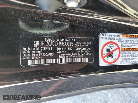 2018 Subaru BRZ tS with VIN JF1ZCAD1XJ9600115, listed as a Copart auction lot 52885834 with 31,503 mi miles and Salvage title. Bid and sale history available at DreamBid. Image 14.