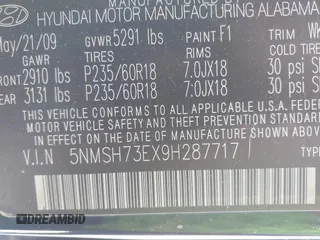 2009 Hyundai Santa Fe SE with VIN 5NMSH73EX9H287717, listed as a IAAI auction lot 41967338 with 179,859 mi miles and . Bid and sale history available at DreamBid. Image 9.